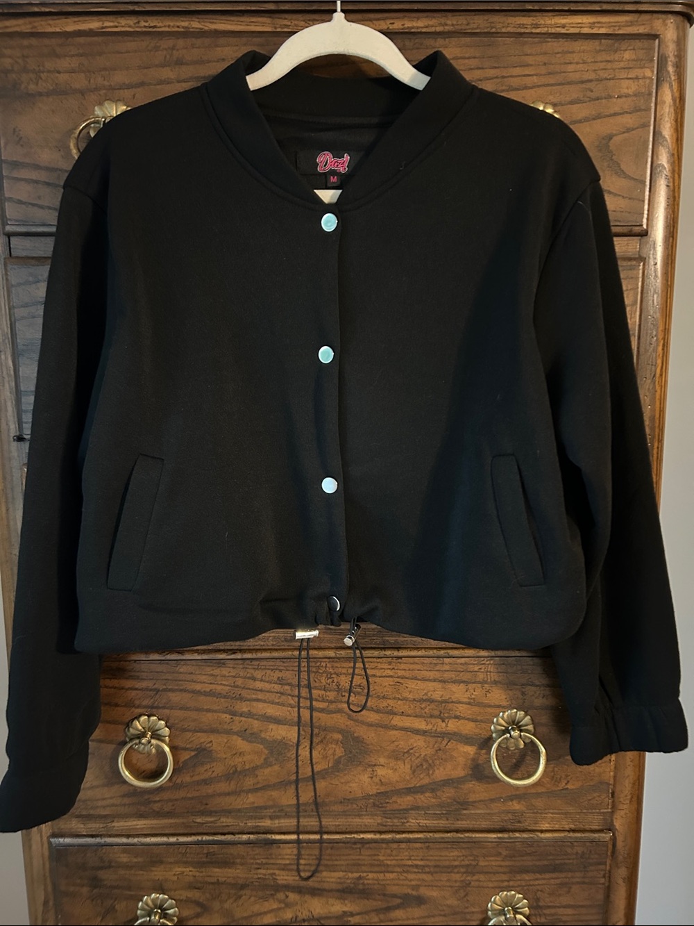 Dazl Black Cropped Jersey Bomber Jacket with Drawstring Hem, Size M